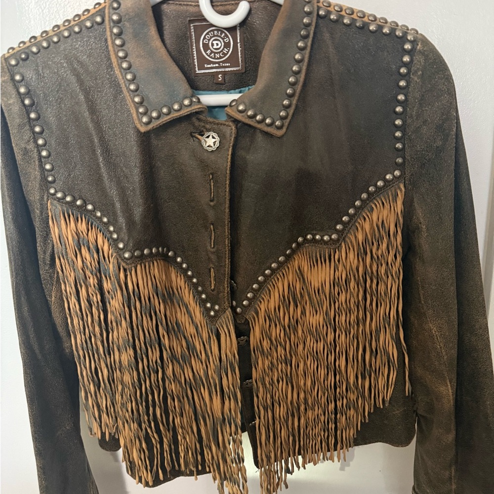 Double D Ranch Dark Brown Leather Jacket with Fringe and Studs